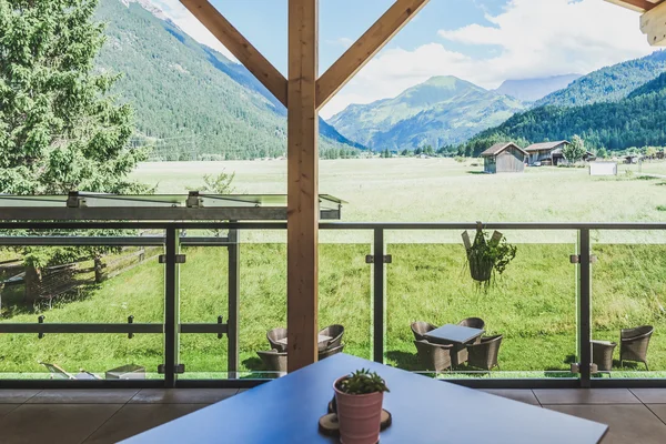 Aussicht auf grüne Wiese von der Terrasse der Ferienwohnung Schlafkammer im Ur-Genuss